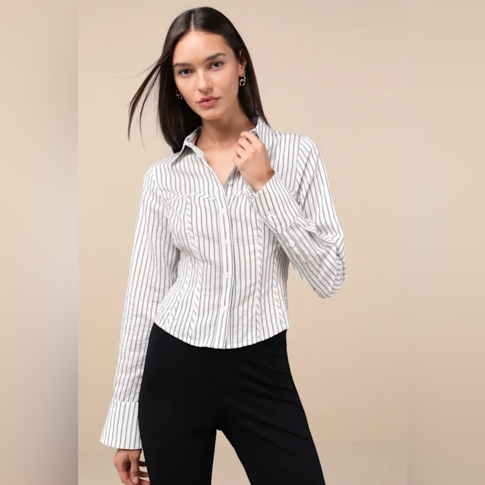 Lulus - Stylish Choice White and Black Striped Bustier Button-Up Top